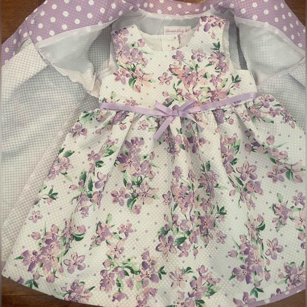 Bonnie Baby Lavender Polka Dot Kids Coat and Matching Floral Dress - Picture 3 of 9